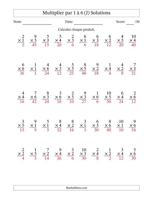 Multiplier (1 à 10) par 1 à 6 (50 Questions) (J) page 2