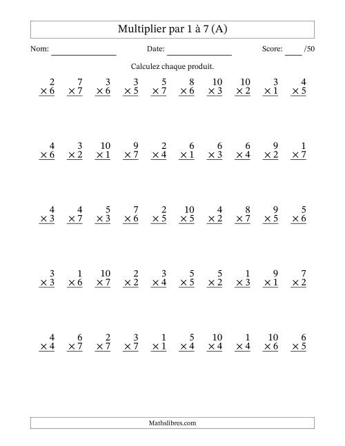 Multiplier (1 à 10) par 1 à 7 (50 Questions) (A)