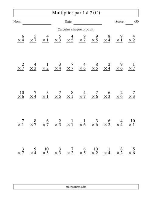 Multiplier (1 à 10) par 1 à 7 (50 Questions) (C)