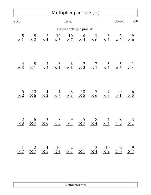 Multiplier (1 à 10) par 1 à 7 (50 Questions) (G)