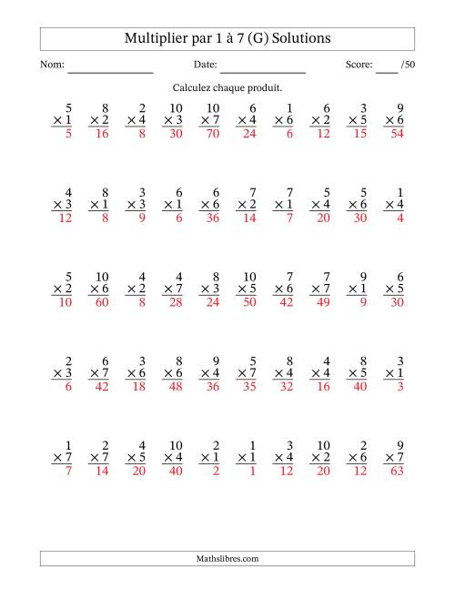Multiplier (1 à 10) par 1 à 7 (50 Questions) (G) page 2