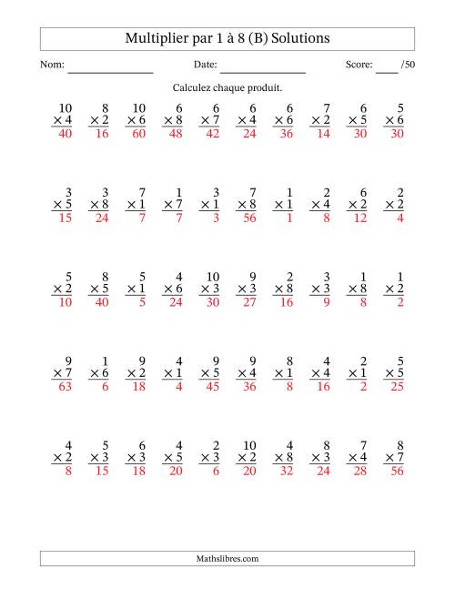 Multiplier (1 à 10) par 1 à 8 (50 Questions) (B) page 2