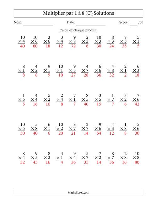 Multiplier (1 à 10) par 1 à 8 (50 Questions) (C) page 2