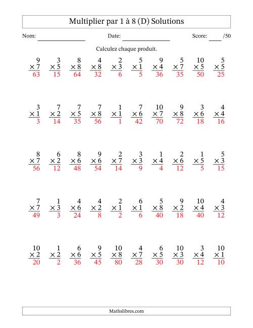 Multiplier (1 à 10) par 1 à 8 (50 Questions) (D) page 2