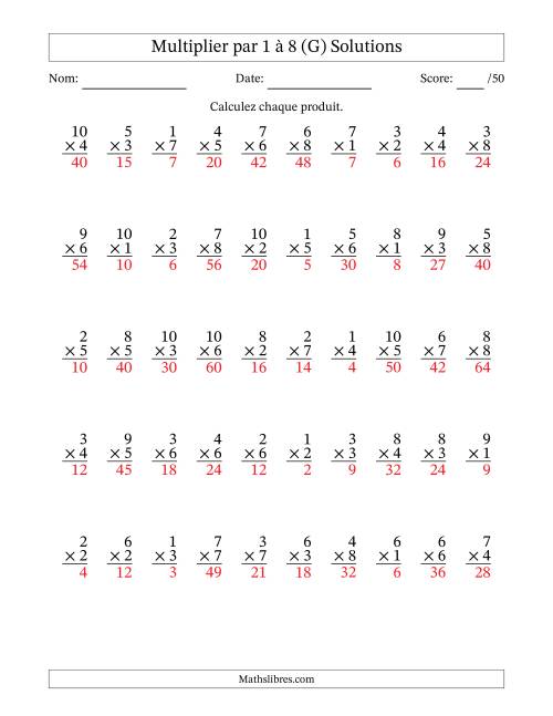 Multiplier (1 à 10) par 1 à 8 (50 Questions) (G) page 2