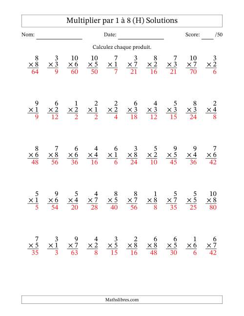 Multiplier (1 à 10) par 1 à 8 (50 Questions) (H) page 2