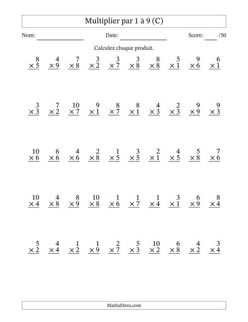 Multiplier (1 à 10) par 1 à 9 (50 Questions) (C)