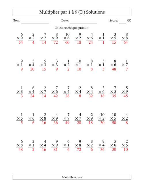Multiplier (1 à 10) par 1 à 9 (50 Questions) (D) page 2