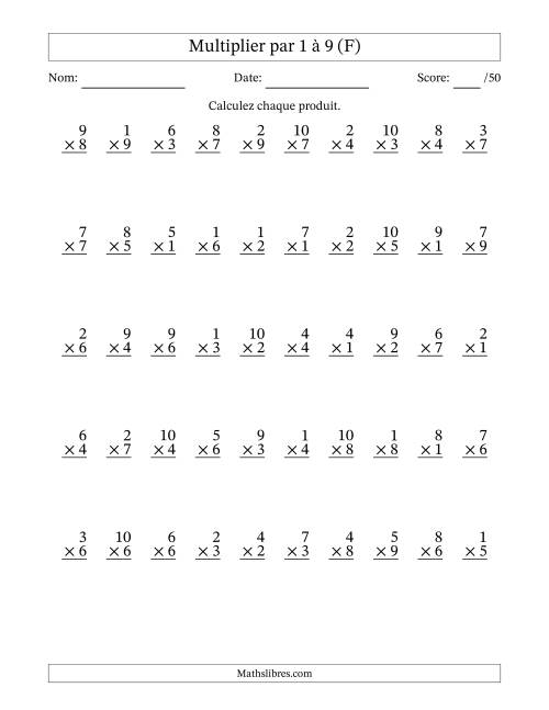 Multiplier (1 à 10) par 1 à 9 (50 Questions) (F)