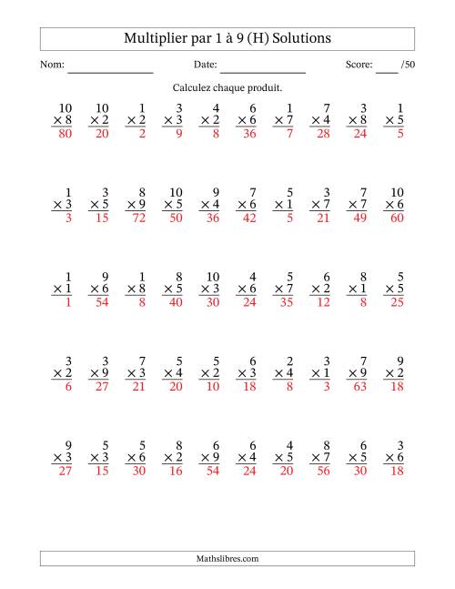 Multiplier (1 à 10) par 1 à 9 (50 Questions) (H) page 2