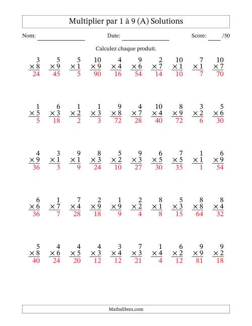 Multiplier (1 à 10) par 1 à 9 (50 Questions) (Tout) page 2