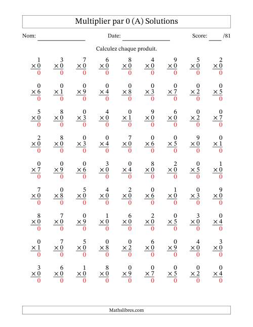 Multiplier (1 à 9) par 0 (81 Questions) (A) page 2