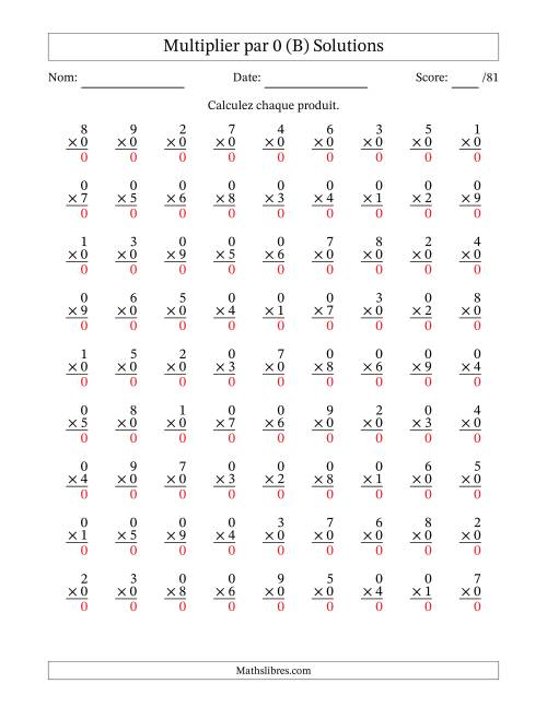 Multiplier (1 à 9) par 0 (81 Questions) (B) page 2