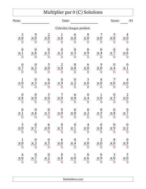 Multiplier (1 à 9) par 0 (81 Questions) (C) page 2