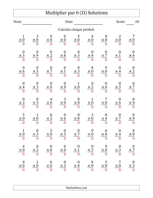 Multiplier (1 à 9) par 0 (81 Questions) (D) page 2