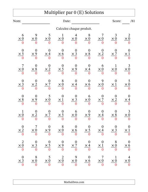 Multiplier (1 à 9) par 0 (81 Questions) (E) page 2