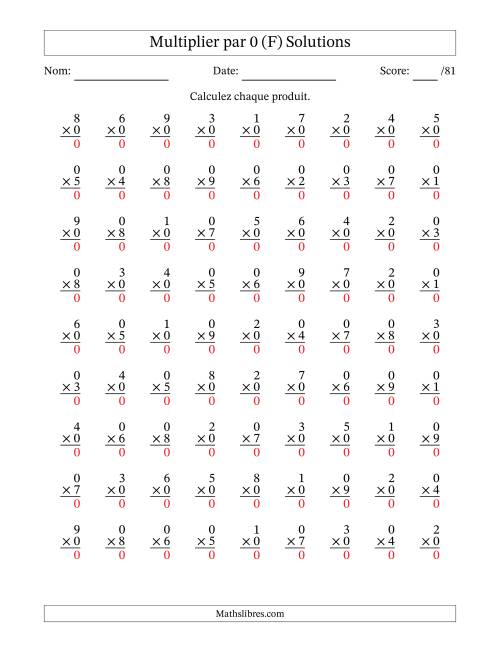 Multiplier (1 à 9) par 0 (81 Questions) (F) page 2