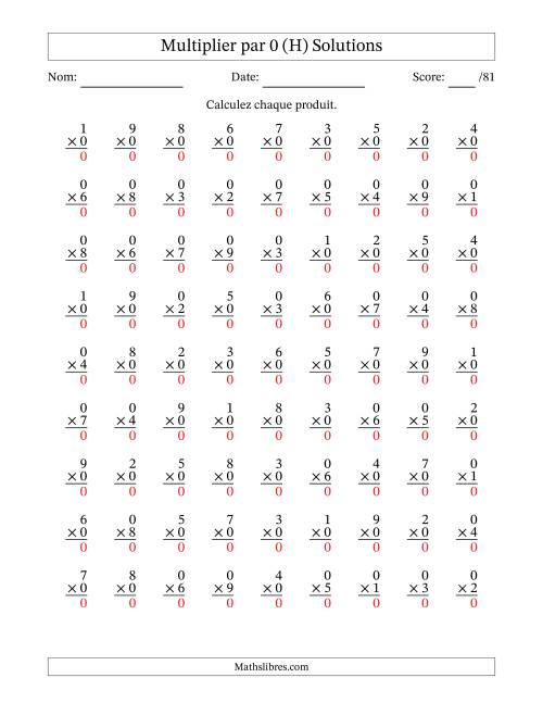 Multiplier (1 à 9) par 0 (81 Questions) (H) page 2