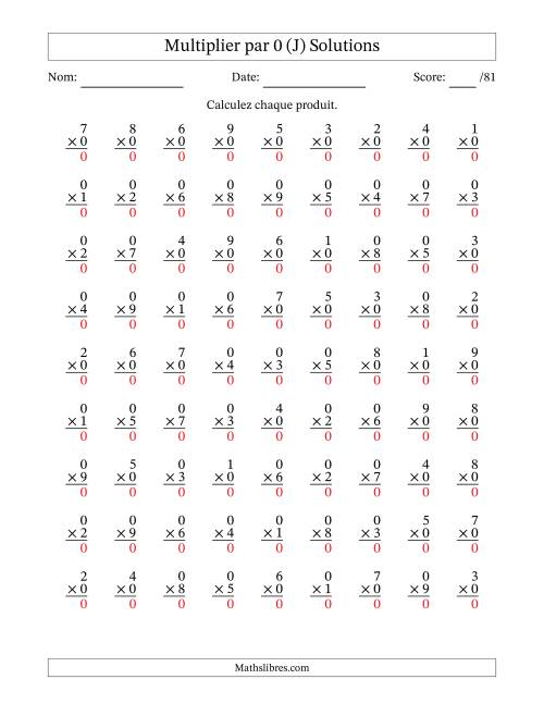 Multiplier (1 à 9) par 0 (81 Questions) (J) page 2