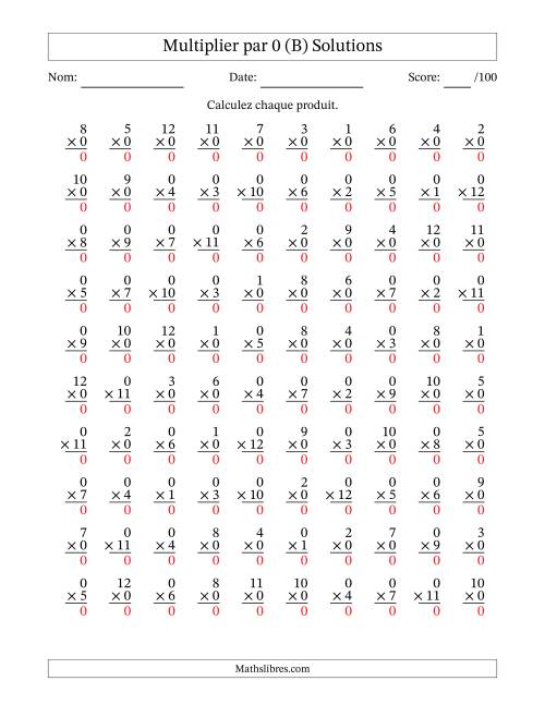 Multiplier (1 à 12) par 0 (100 Questions) (B) page 2