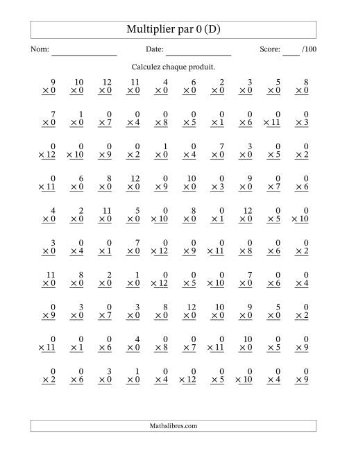 Multiplier (1 à 12) par 0 (100 Questions) (D)
