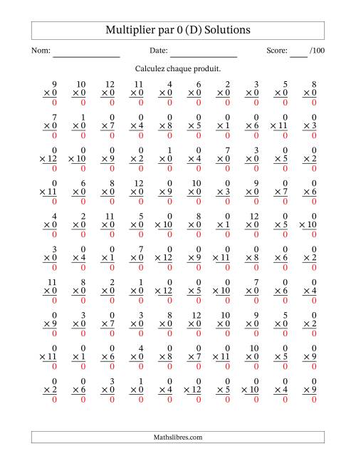 Multiplier (1 à 12) par 0 (100 Questions) (D) page 2
