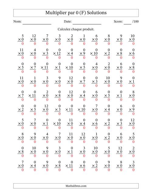 Multiplier (1 à 12) par 0 (100 Questions) (F) page 2
