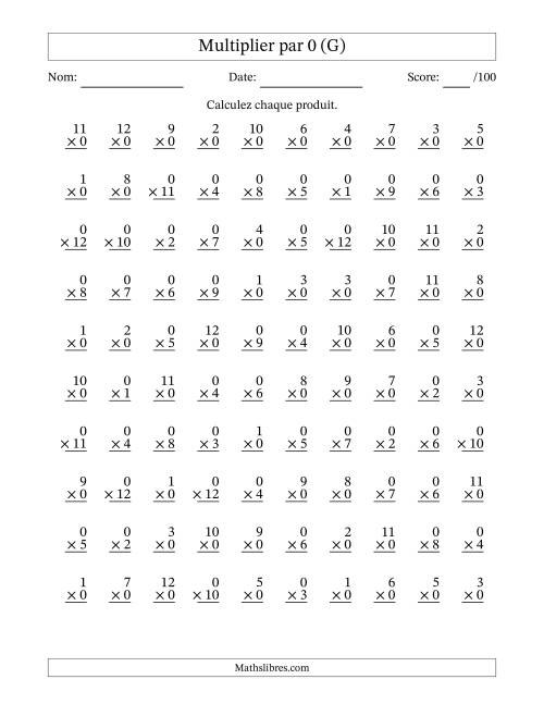 Multiplier (1 à 12) par 0 (100 Questions) (G)
