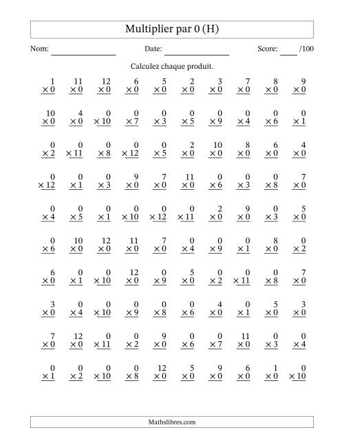 Multiplier (1 à 12) par 0 (100 Questions) (H)