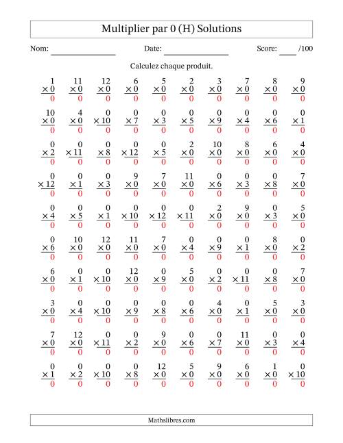 Multiplier (1 à 12) par 0 (100 Questions) (H) page 2