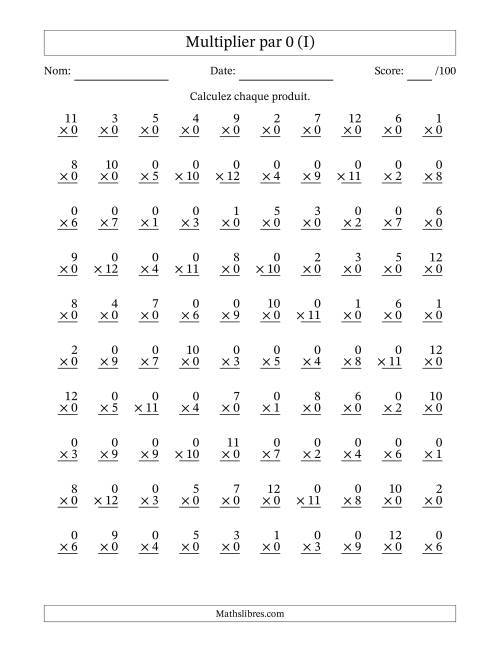 Multiplier (1 à 12) par 0 (100 Questions) (I)