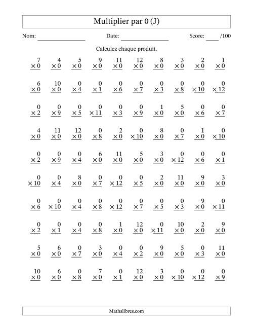 Multiplier (1 à 12) par 0 (100 Questions) (J)