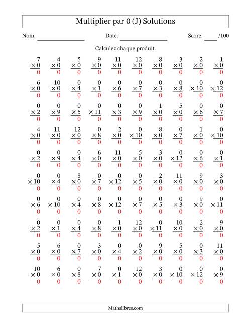 Multiplier (1 à 12) par 0 (100 Questions) (J) page 2