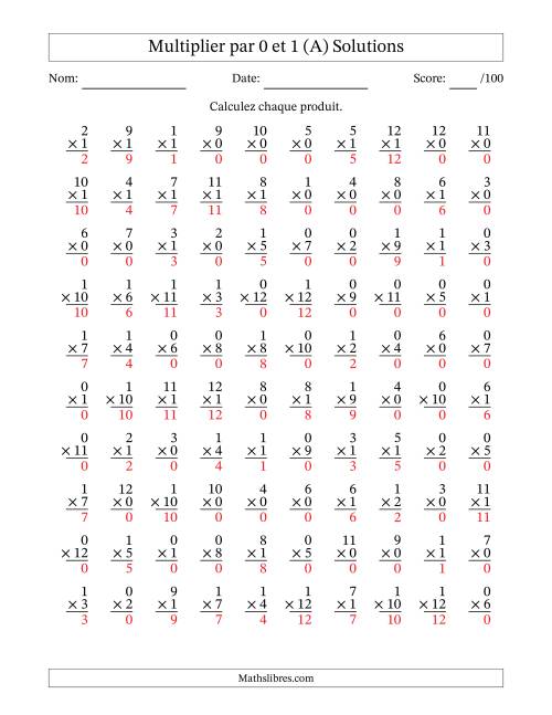 Multiplier (1 à 12) par 0 et 1 (100 Questions) (A) page 2