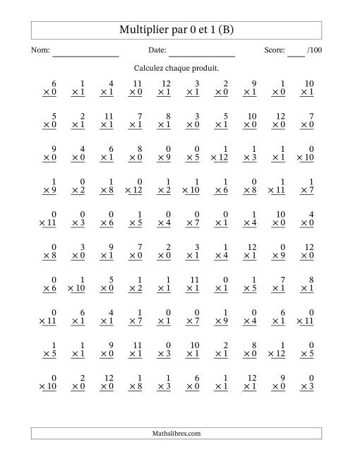 Multiplier (1 à 12) par 0 et 1 (100 Questions) (B)