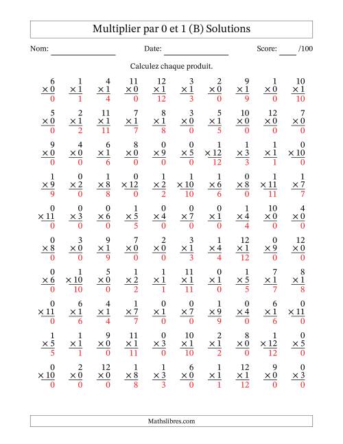 Multiplier (1 à 12) par 0 et 1 (100 Questions) (B) page 2