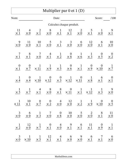 Multiplier (1 à 12) par 0 et 1 (100 Questions) (D)