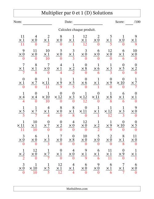 Multiplier (1 à 12) par 0 et 1 (100 Questions) (D) page 2