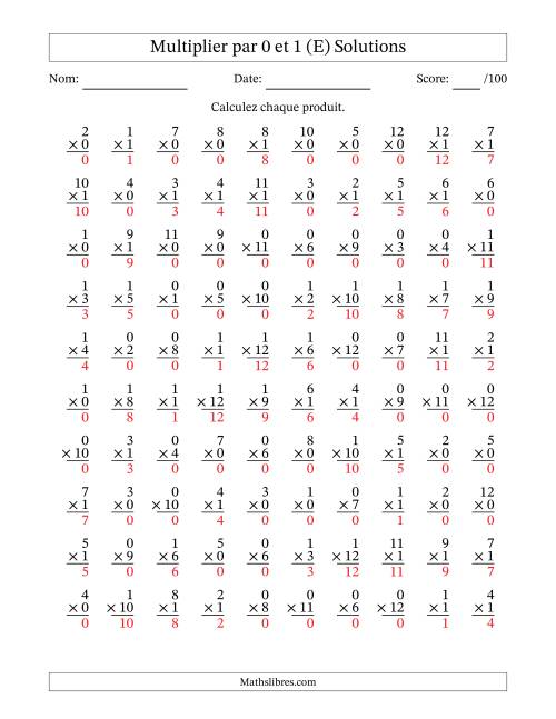 Multiplier (1 à 12) par 0 et 1 (100 Questions) (E) page 2