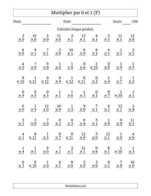 Multiplier (1 à 12) par 0 et 1 (100 Questions) (F)