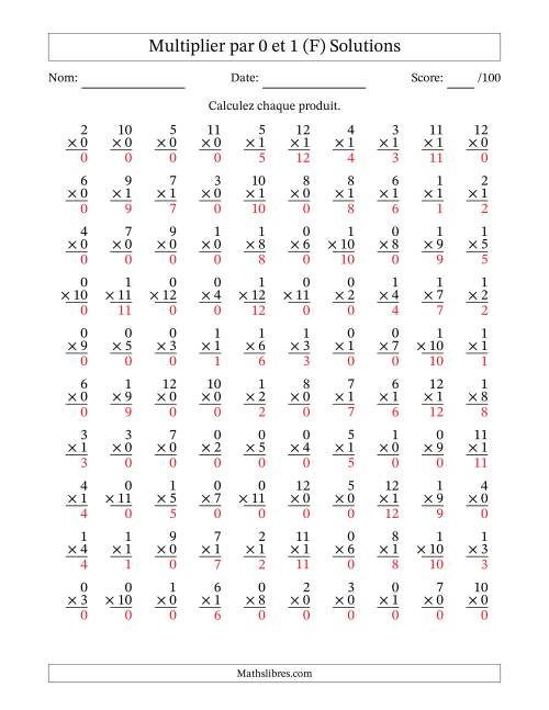 Multiplier (1 à 12) par 0 et 1 (100 Questions) (F) page 2