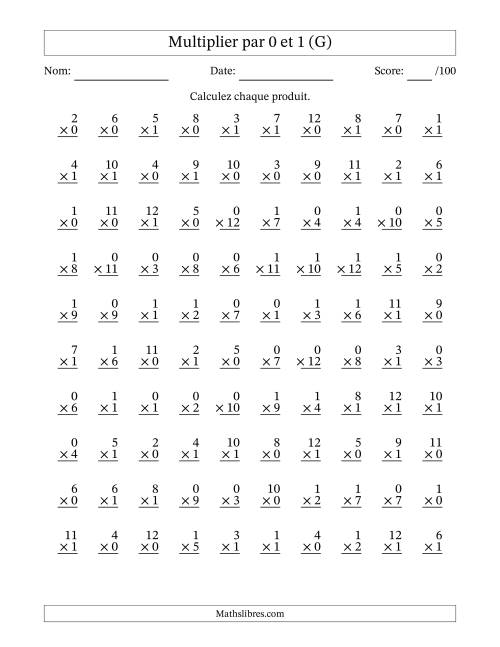 Multiplier (1 à 12) par 0 et 1 (100 Questions) (G)