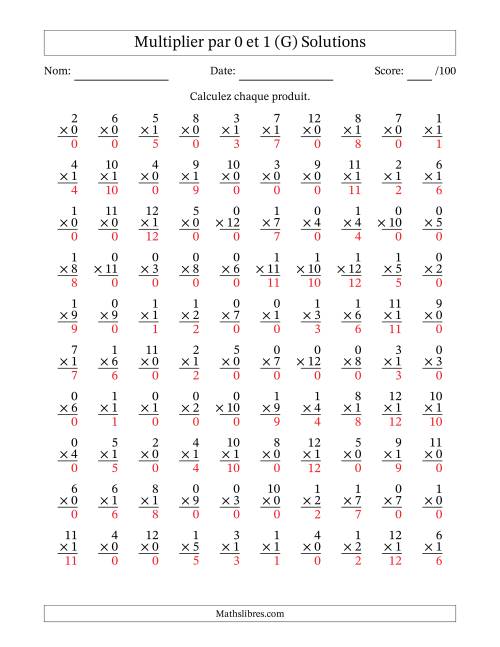 Multiplier (1 à 12) par 0 et 1 (100 Questions) (G) page 2