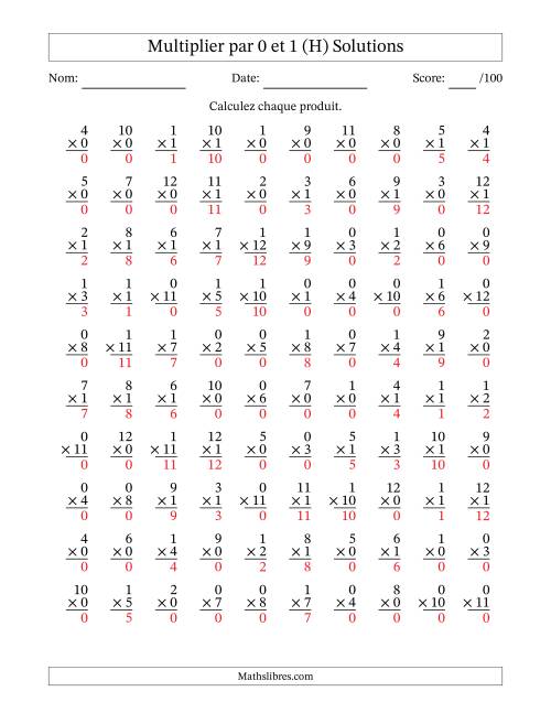 Multiplier (1 à 12) par 0 et 1 (100 Questions) (H) page 2