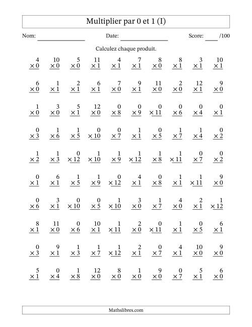Multiplier (1 à 12) par 0 et 1 (100 Questions) (I)