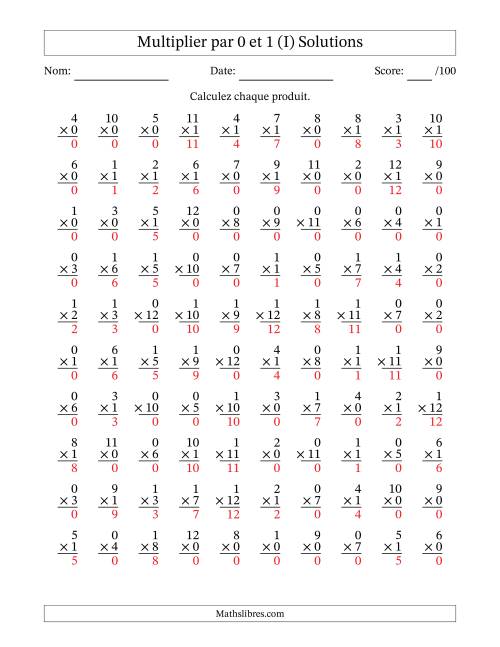 Multiplier (1 à 12) par 0 et 1 (100 Questions) (I) page 2