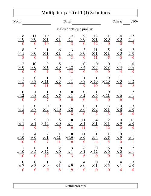 Multiplier (1 à 12) par 0 et 1 (100 Questions) (J) page 2