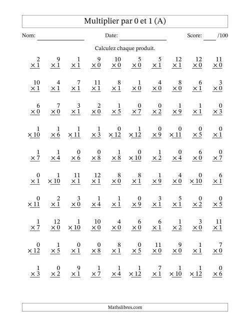 Multiplier (1 à 12) par 0 et 1 (100 Questions) (Tout)