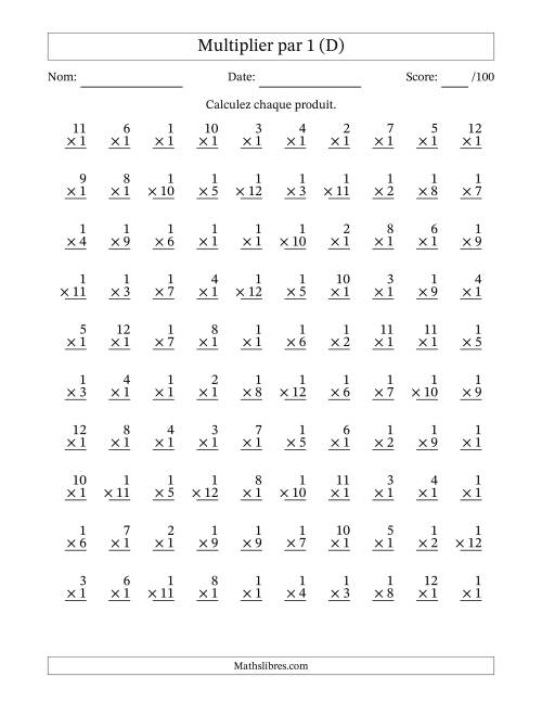 Multiplier (1 à 12) par 1 (100 Questions) (D)