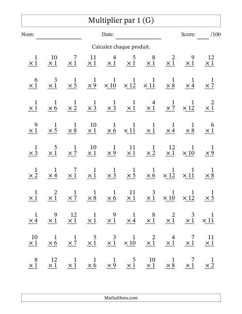 Multiplier (1 à 12) par 1 (100 Questions) (G)